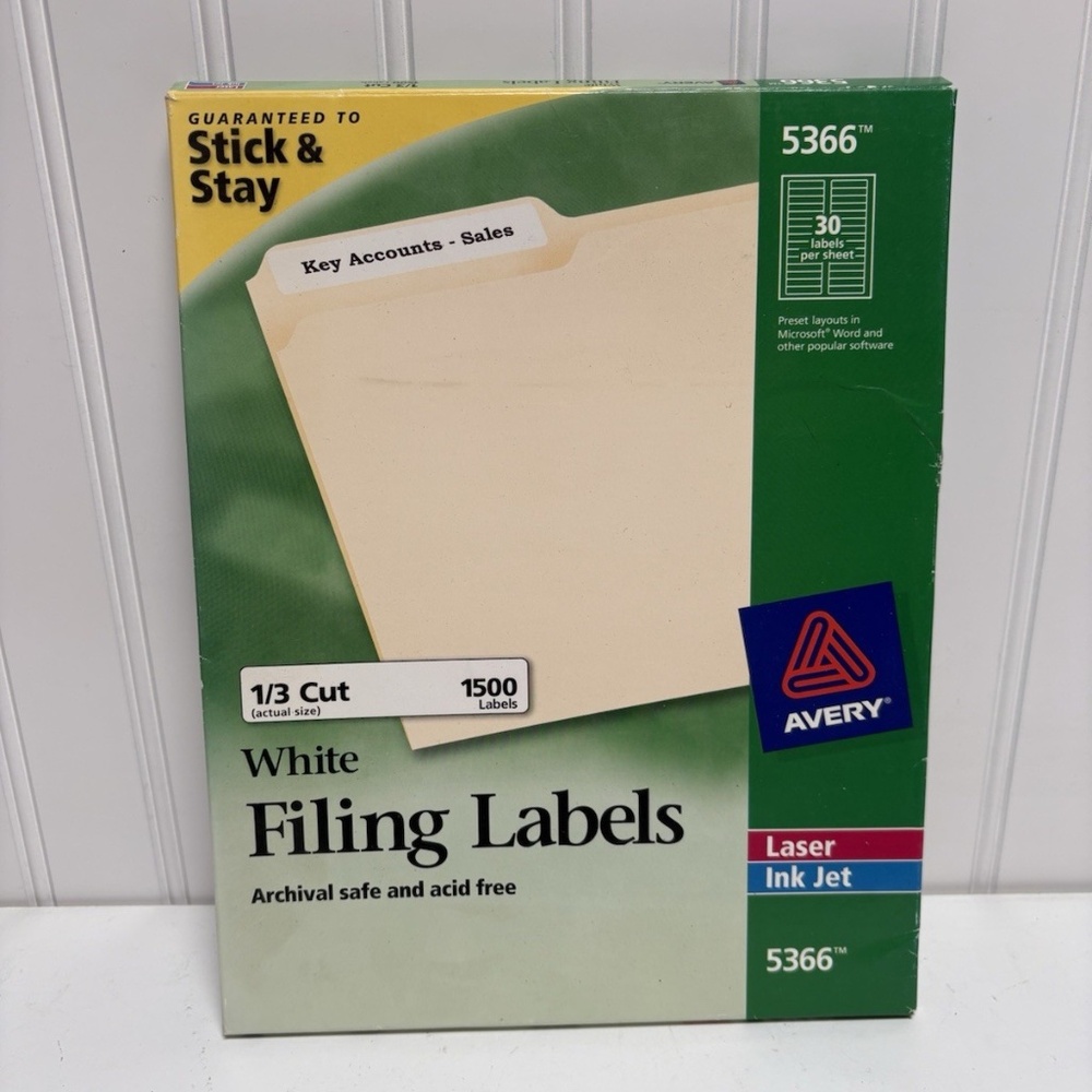 Avery 5366 White File Folder Labels 1/3 Cut TrueBlock Laser Ink Jet 1440 Labels
